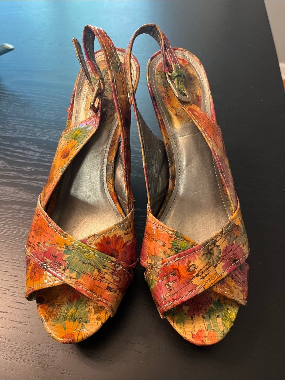 Kelly & Katie Orange Multi Floral Cork Wedge Slingbacks